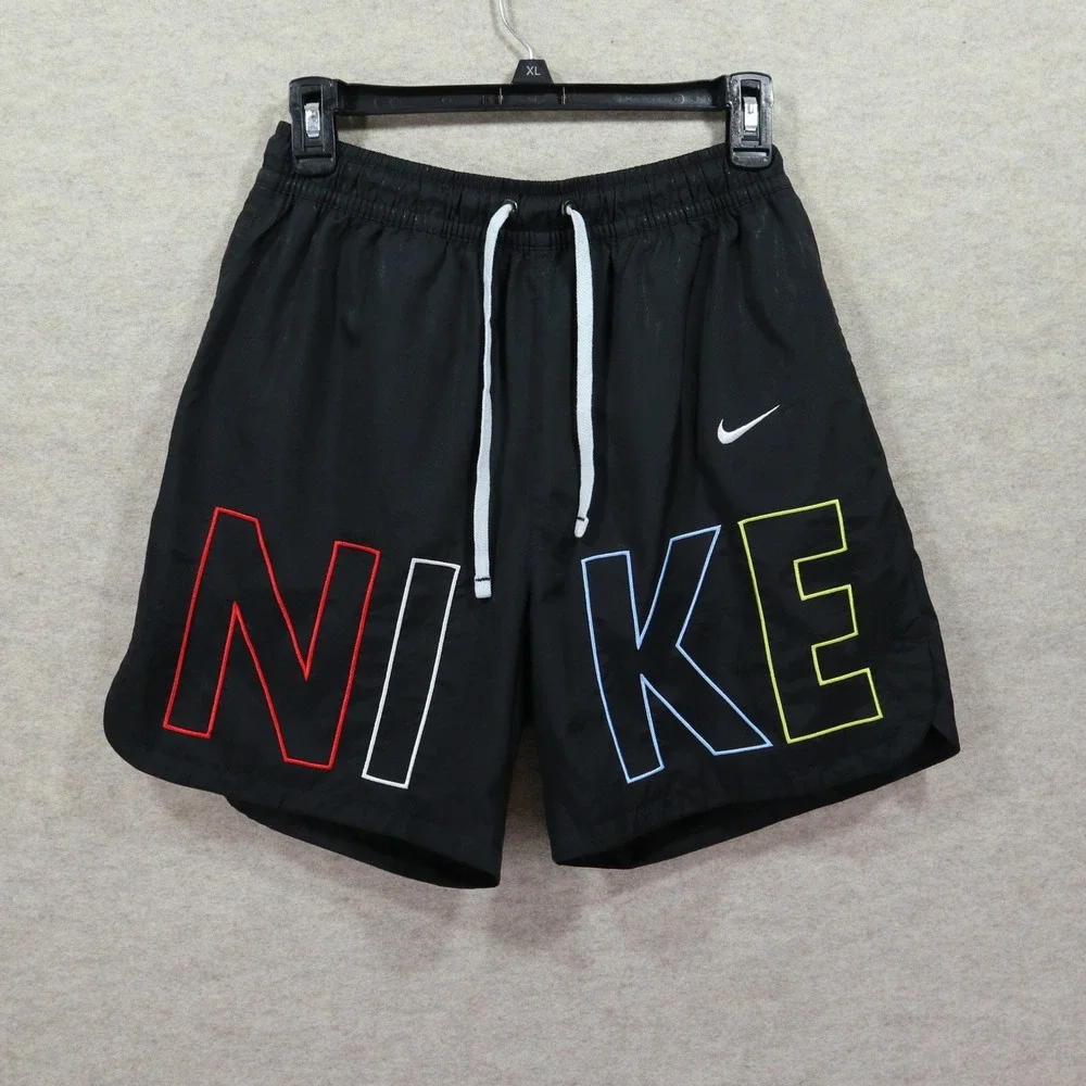 Nike Swim Trunks Small Black Athletic Y2K Multi Color Embroidered Logo